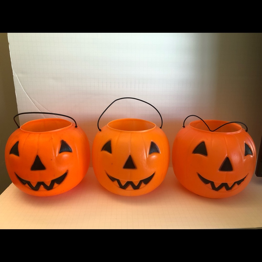 3 General Foam Plastics Orange Halloween Pumpkin Candy Buckets Made In USA